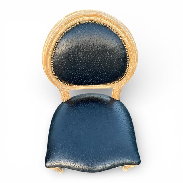 Black Pair of Elegant French Country Round Back Louis XVI-Style Side Chairs in Genuine Black Ostrich Leather For Sale - Image 8 of 11