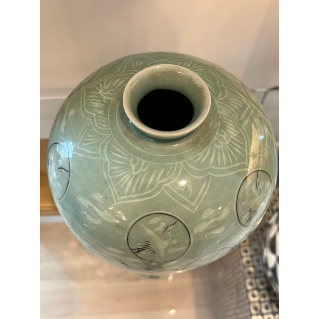 Asian Korean Celadon Vase With Thousand Cranes Motif For Sale - Image 3 of 11