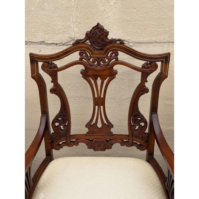 Wood Antique Victorian Carved Mahogany Inlaid Parlor Set Sofa and 4 Chairs - 5 PCS For Sale - Image 7 of 18