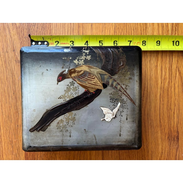 Early 20th Century Antique Meiji Period Japanese Maki-E Lacquer Box With Raised Golden Pheasant & Inlaid Butterfly For Sale - Image 5 of 6