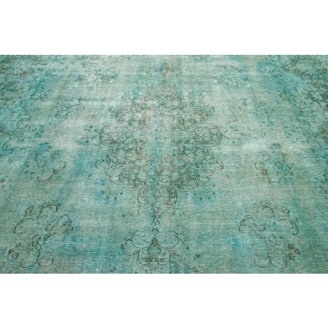 Room Size Antique Overdyed Persian Wool Rug With Medallion Design in Light Green For Sale In New York - Image 6 of 10