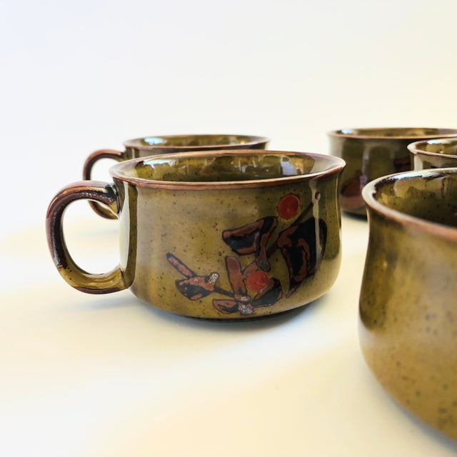 Olive Floral Stoneware Mug Bowls - Set of 5 For Sale - Image 8 of 11