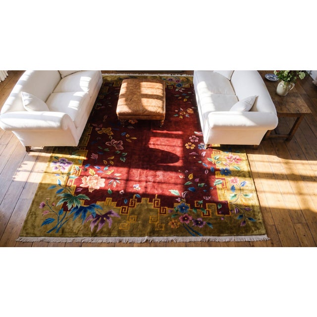 Stunning Colorful Floral Pattern in a Red-Raspebery Ground Color Chinese Art Deco Rug For Sale - Image 14 of 14