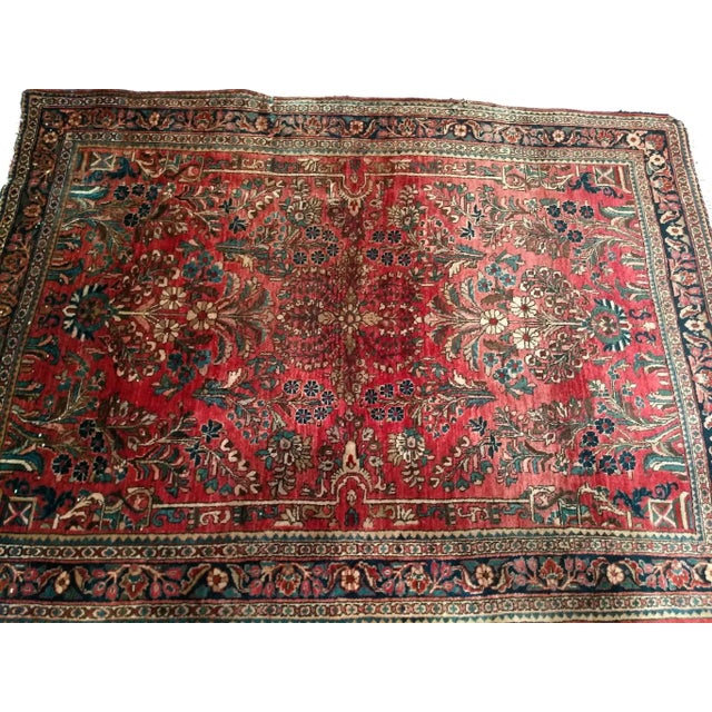 Antique Persian Sarouk Area Rug, Handwoven All-Over Floral Pattern, Red & Navy, 4’ X 5’ For Sale - Image 10 of 10