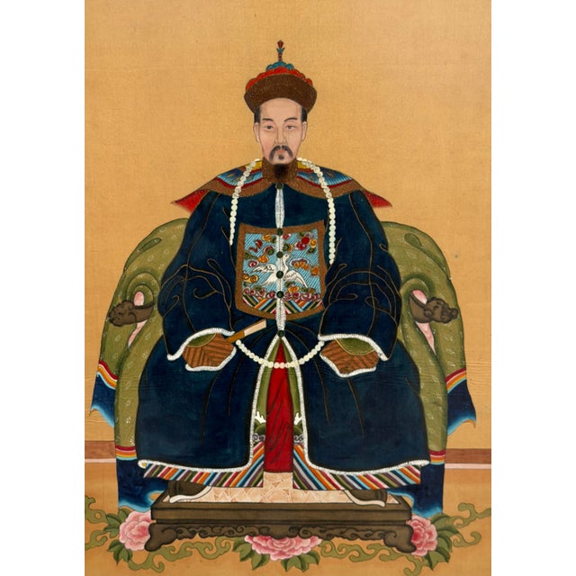 Antique Qing Dynasty Chinese Male Ancestor Portrait Painting.