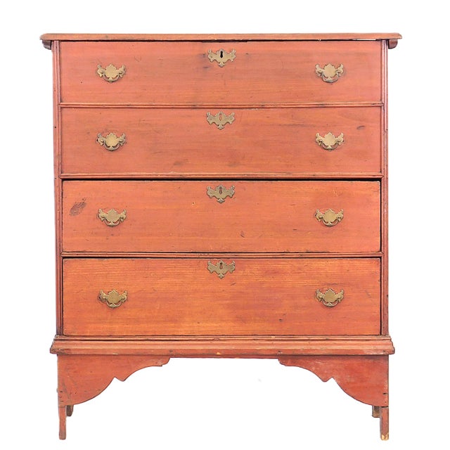 Queen Anne New England Tall Blanket Chest, In Likely Original Red Paint, c. 1750-1780 Top opening tall blanket chest with...