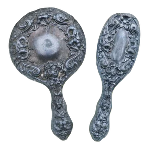 1900's Art Nouveau Silver Plated Repousse Maiden and Flowers Hand Mirror and Brush - Set of 2