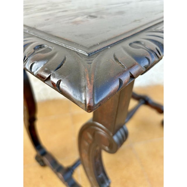 Brown Early 19th Century Baroque Spanish Side Table with Lyre Legs and Marquetry Top, 1890s For Sale - Image 8 of 16