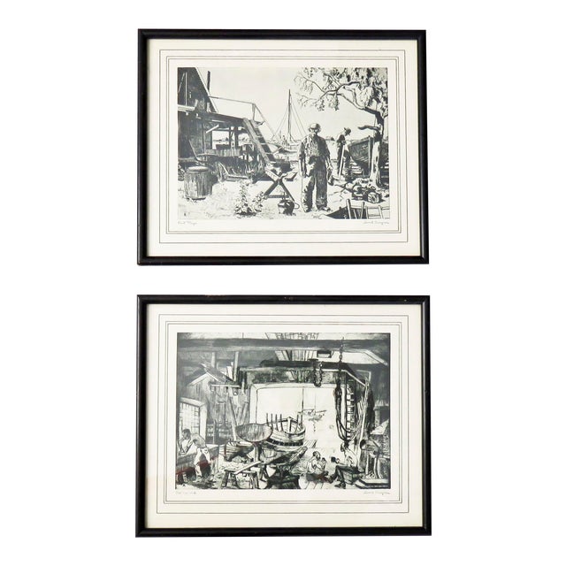 Lionel Barrymore Framed Black And White Boat Yard Prints A Pair