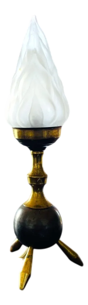 Space Age Matte Brass Tripod Table Lamp with Frosted Glass Flame Lampshade, 1960s