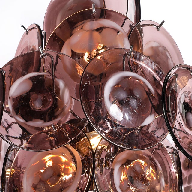1980s Modernist Hand-Blown Smoked Mauve Spotted Murano Glass Five-Tier Disc Chandelier For Sale - Image 5 of 18