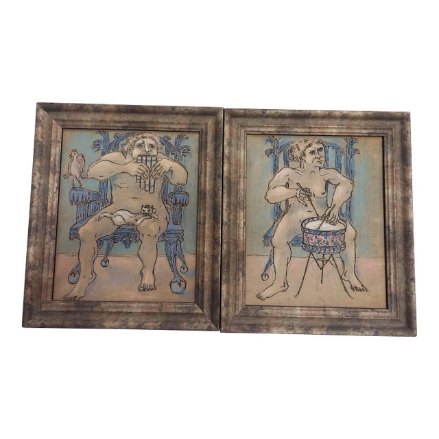 Pair Vintage Whimsical Female and Male Nude Holding Musical Instrument Mixed Media Paintings For Sale