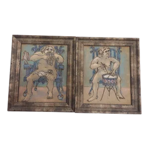 Pair Vintage Whimsical Female and Male Nude Holding Musical Instrument Mixed Media Paintings