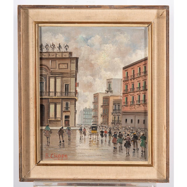 B. Ciappa, Animated European City Square with Carriage and Figures, Oil on Panel For Sale - Image 8 of 15