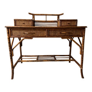 1970s Vintage Faux Tortoise Bamboo Rattan Desk For Sale