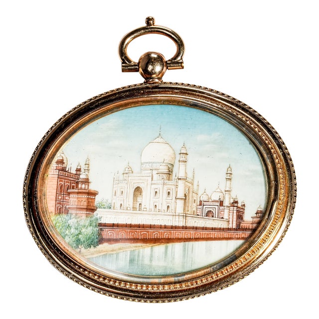 Superb Antique Grand Tour Taj Mahal Portrait Miniature Painting India Souvenir Gold Filled Frame Art Collectible For Sale
