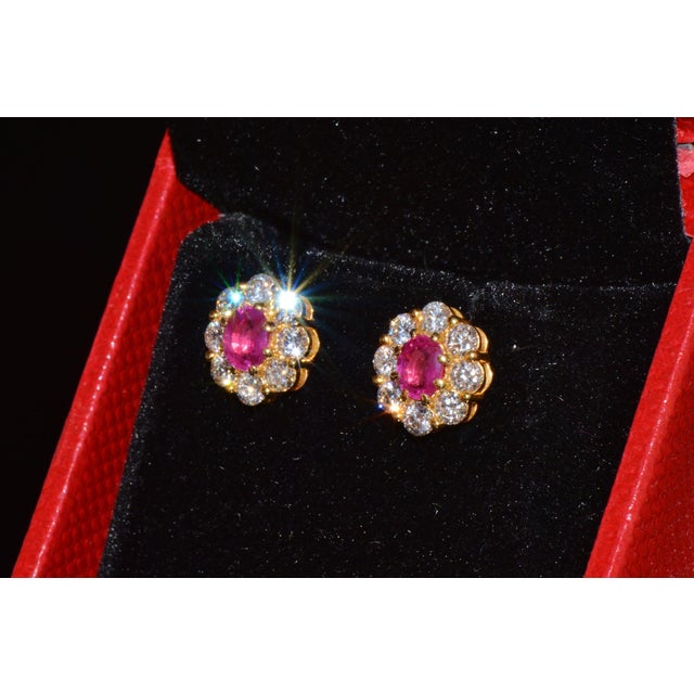 Gia Natural 2.12cts vs F Diamond Madagascar Ruby 18k Gold Cluster Halo Earrings, A Pair For Sale - Image 10 of 13