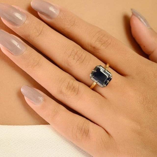 Ink Blue 2.28 Carat Sapphire Georgian Style Black Rodium Solitaire Ring Size 7 in 18k Solid Gold For Sale - Image 8 of 16