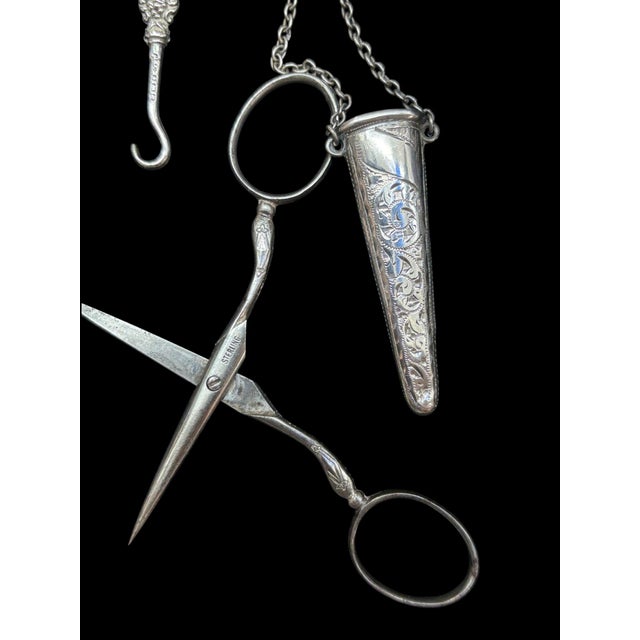 Victorian Jewelry Chatelaine With Five Notions/Accessories Hallmarked English Sterling For Sale - Image 10 of 16