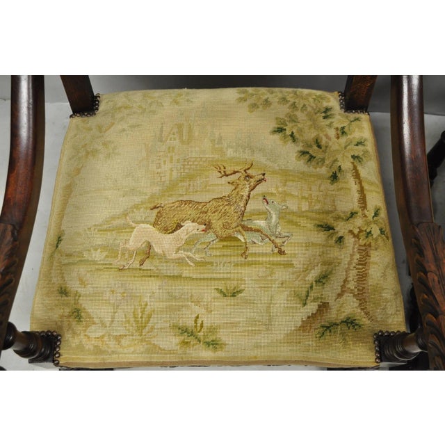 Wood Antique French Louis XIV Style Needlepoint Tapestry Carved Walnut Arm Chair Pair For Sale - Image 7 of 18