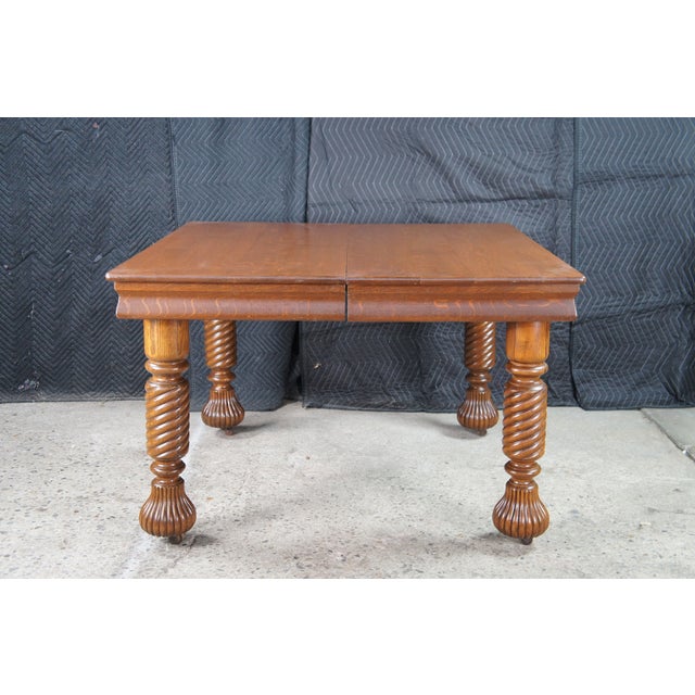 Early 20th Century Antique American Arts & Crafts Quartersawn Oak Barley Twist Dining Table Extends For Sale - Image 5 of 18