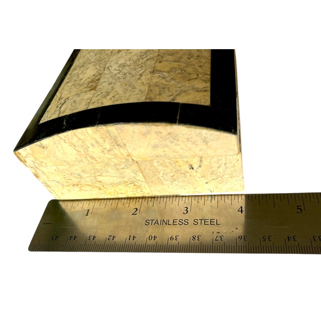 Cream 1980s Vintage Postmodern Tessellated Cream and Black Stone Box With Domed Lid and Black Marble Inlay For Sale - Image 8 of 8