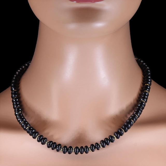 Traditional Ajd 19.5 Inch Black Jet 8 MM Rondel Necklace With Goldy Daisy Accents For Sale - Image 3 of 5