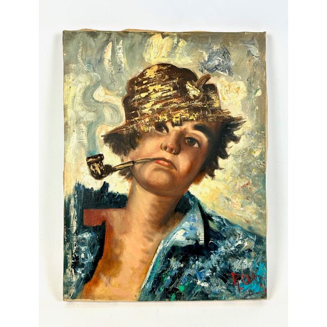 R. Landi, Boy with Pipe and Straw Hat, Oil on Canvas, 1960s, Framed For Sale - Image 4 of 15