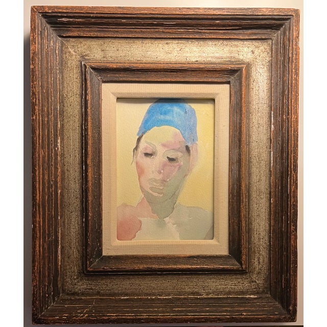 Wood Mid-Century Modern French Watercolor Painting Portrait of an Actor in Fine Silver Gilt Wood Frame For Sale - Image 7 of 7