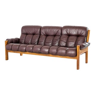 Ekornes Teak and Brown Leather Sofa, 1970s For Sale