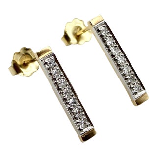 14k Gold Diamond Bar Earrings - 2 Pieces For Sale