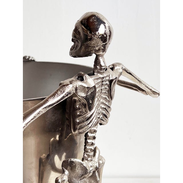1990s Macabre Chrome Metal Champagne Ice Bucket With Skeletons For Sale - Image 5 of 7