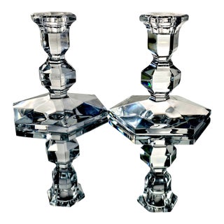 Val St Lambert Gardenia Taper Candle Crystal Candle Holders Pair For Sale