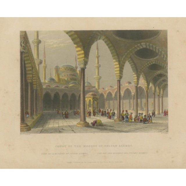 Antique print – blue mosque interior, istanbul ottoman courtyard, ca. 1839 : a refined and atmospheric 19th-century view...