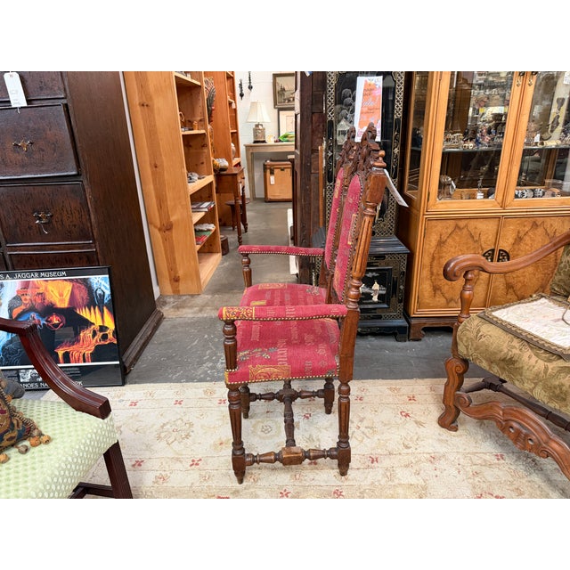 Exceptional, period-made 19th-century English hunting bench masterfully carved from solid oak. True to the grand...
