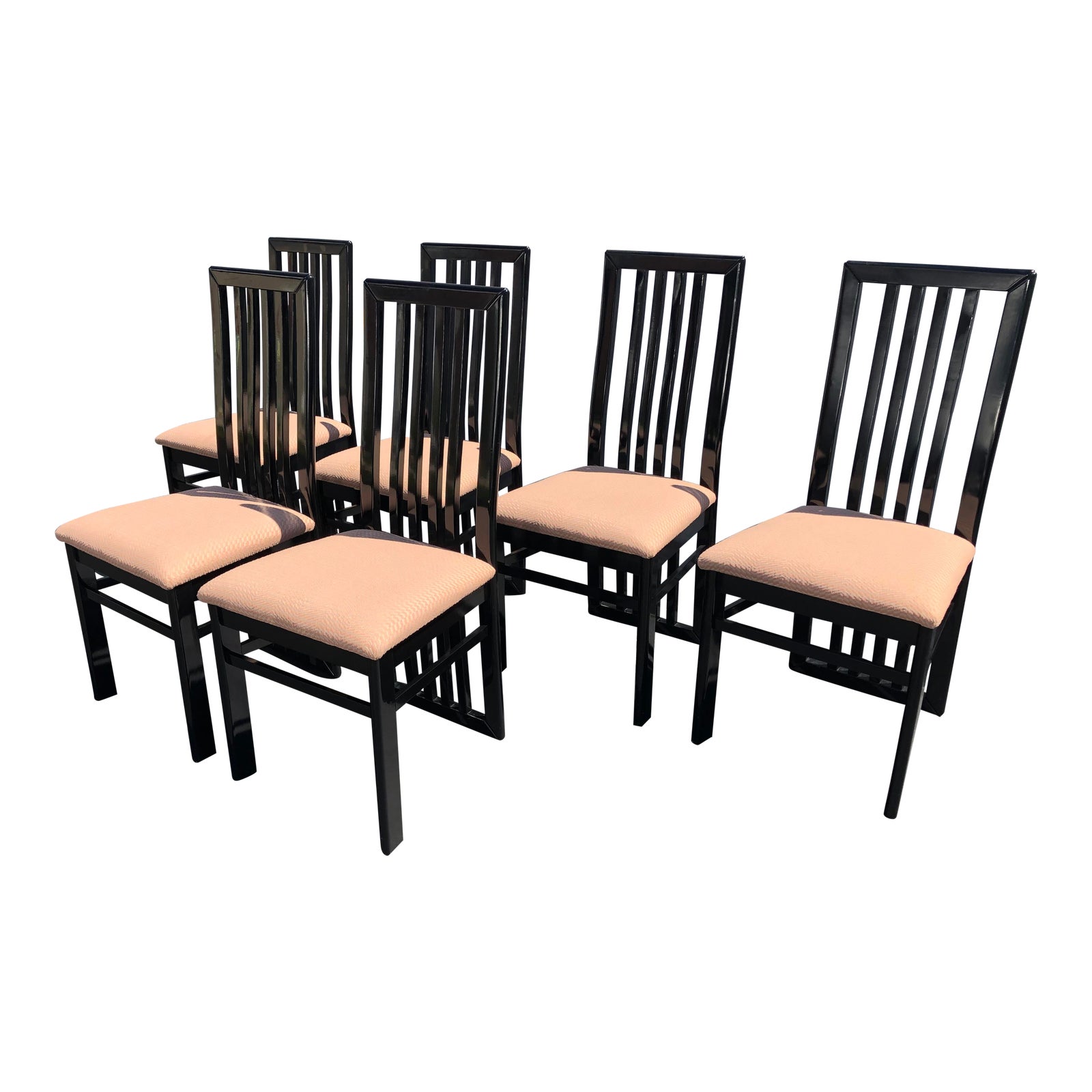 Vintage Postmodern Black Lacquer High Back Spindle Dining Chairs Set
