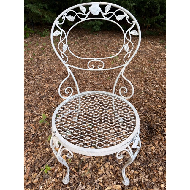 Lee L. Woodard & Sons Vintage Woodard Chantilly Rose Wrought Iron Side Chairs — Set of 3 | Original White / Grey Paint | Stamped Maker’s Mark For Sale - Image 4 of 12