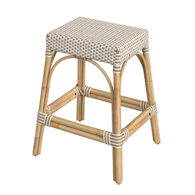 Wood Robias 24.5 in. Seat Height Rectangular Rattan Backless Counter Stool with Footrest, White/Tan Dot / Natural Rattan Frame For Sale - Image 7 of 7