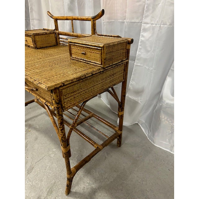 Vintage Burnt Bamboo Rattan Pagoda Desk With Chair For Sale - Image 4 of 14