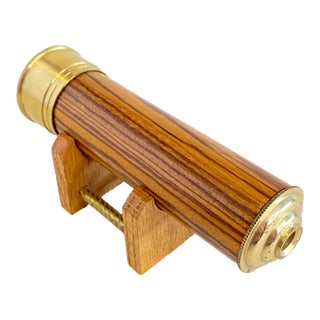 Vintage Wooden Kaleidoscope Brass Accents Matching Wood Stand Handcrafted For Sale