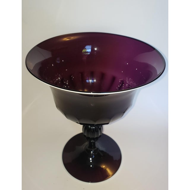 Gorgeous classic form vintage Murano glass amethyst tazza on stem and footed base with white glass trim. Attributed to...