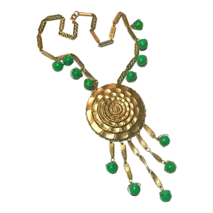 1970s Vintage Gold Green Sunflower Statement Necklace
