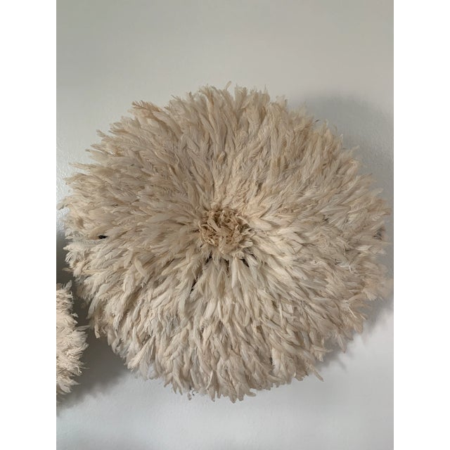 African Juju Feather Headdress, 28 In. Diameter, Off-White For Sale - Image 4 of 4