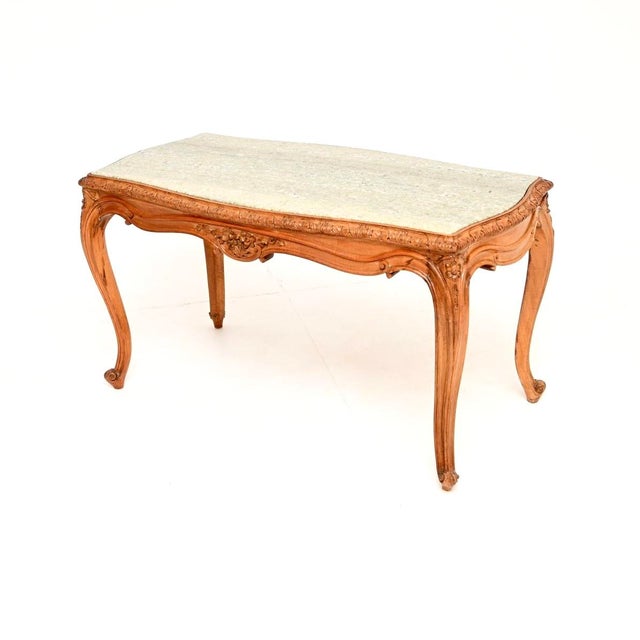 Vintage French Carved Walnut Coffee Table with Marble Top, 1930 For Sale - Image 3 of 11