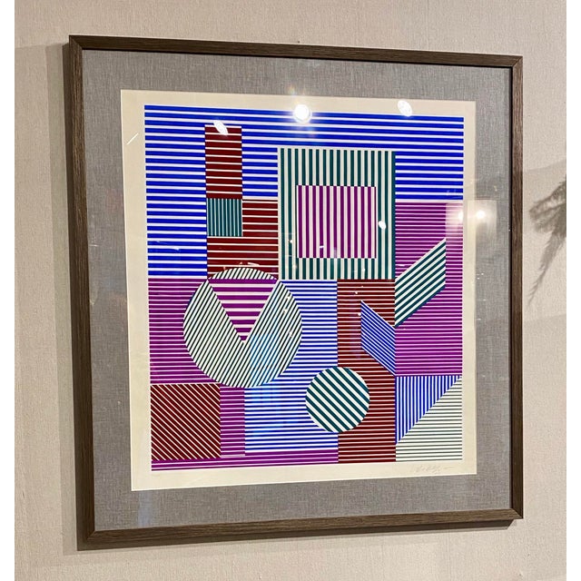 Great example of Vasarely's 'Gestalt" series optical illusion print technique. Color-shaded grids give the appearance of...