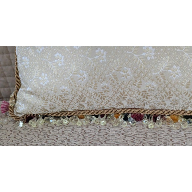 Custom Scalamandre Silk Pillows With Weave Applique and Tasseled and Beaded Crystal Fringe For Sale - Image 4 of 11