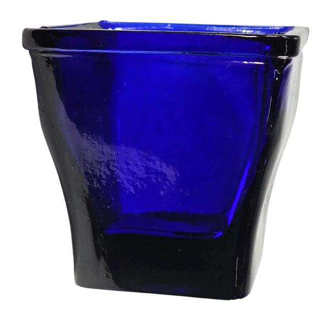 Cobalt Blue Recycled Heavy Optic Glass Square Vessel 4.75" For Sale - Image 4 of 9