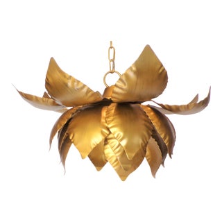 Vintage Brass Lotus Flower Pendant Light Fixture For Sale