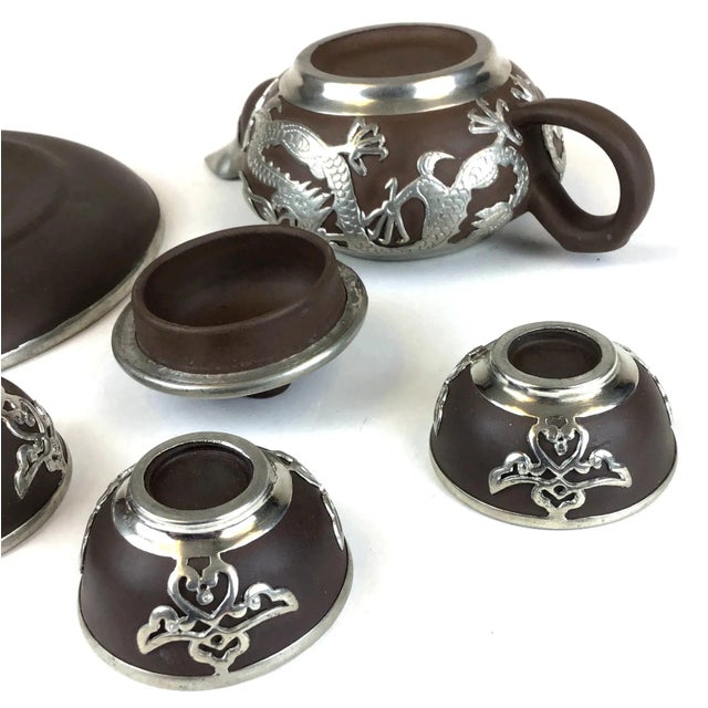 Vintage Chinese Yixing Zisha Teapot Set with Silver Tone Overlay - 6 Pieces For Sale - Image 9 of 13