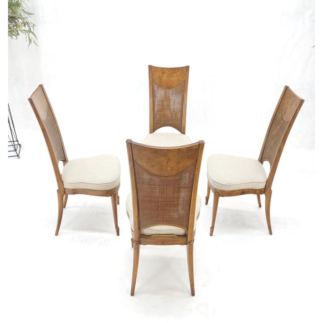 Wood Set 4 Burl Wood Cane Back NEW Upholstery Dining Chairs Mid Century Modern MINT! For Sale - Image 7 of 15